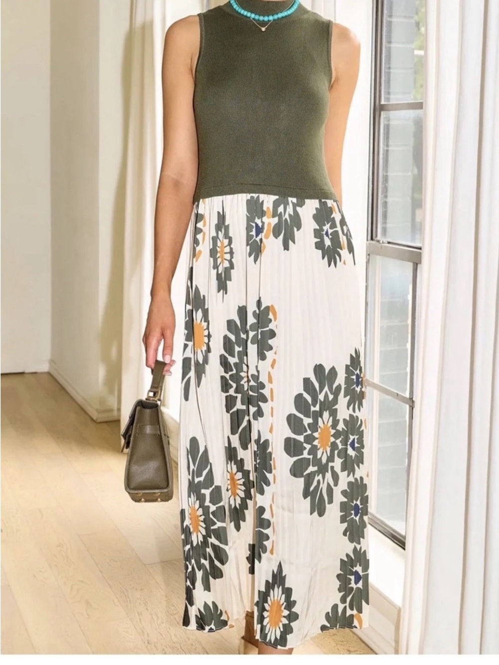 Petal & Pup Olive Green Sleeveless Maxi Dress with White Floral Pleated Skirt